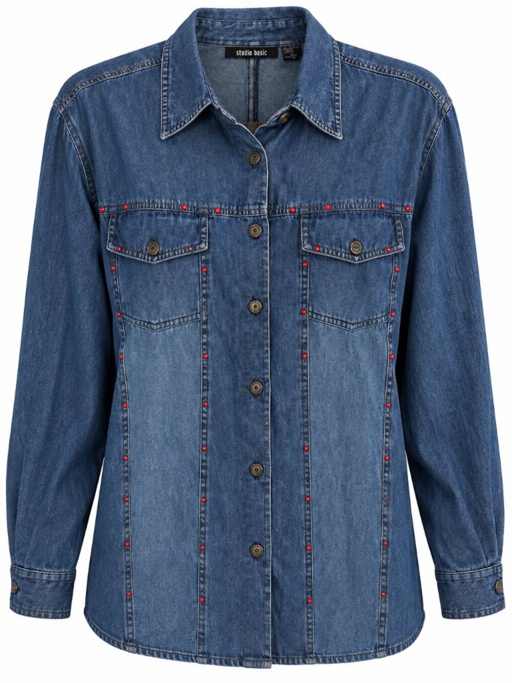 Studio Basic Denim Shirt Jacket Red Stud Embellished Utility Button Up Blue